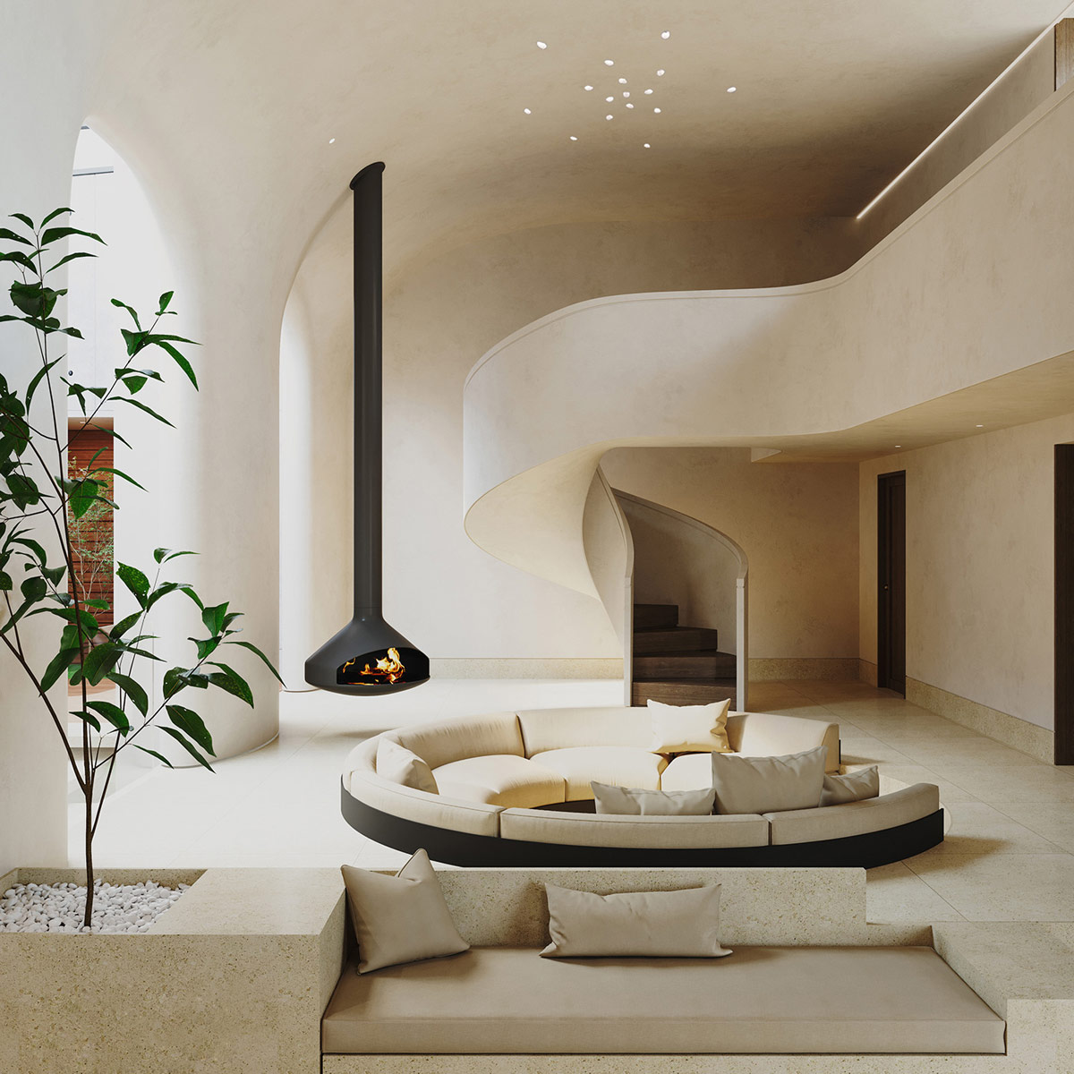Кремовый интерьер дома с пышным дизайном лестницы и двором — Полезная информация